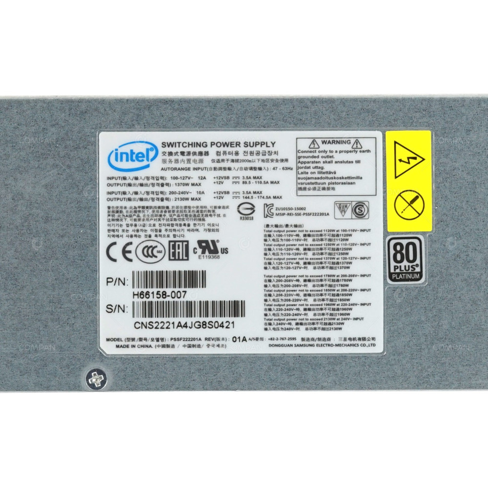 H66158-007 INTEL 2130W POWER SUPPLY 80 PLUS PLATINUM AC CRPS PSSF222201A